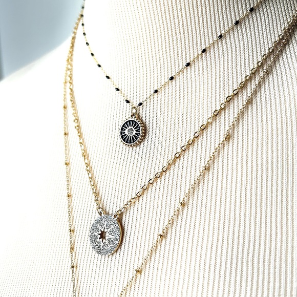 🍂3-Piece Necklace Set. Crescent Moon, Star, Evil Eye, Starburst. Black/Gold - Picture 4 of 8